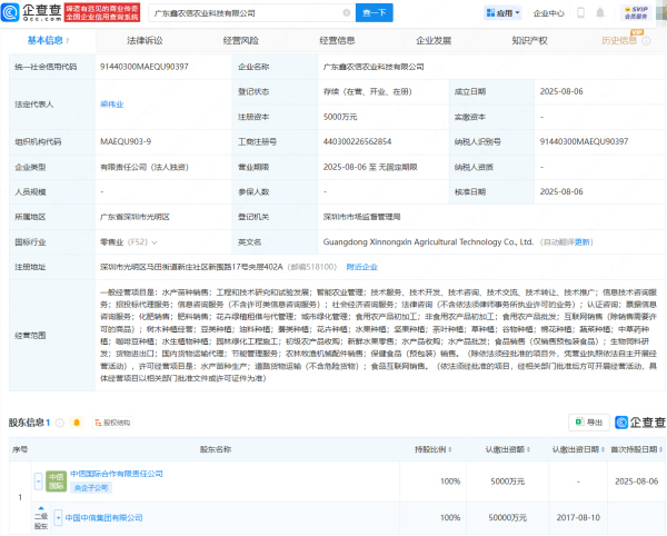 万店优配 中信集团在广东成立农业科技公司，注册资本5000万